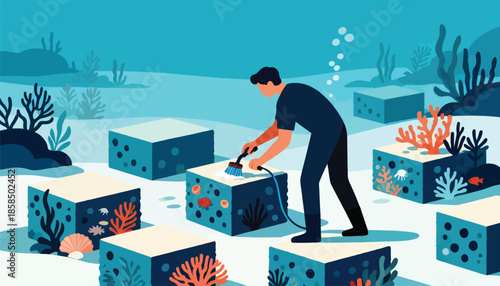 Man cleans underwater blocks with corals, shells, and fish