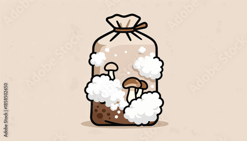 Cartoon illustration of a mushroom growing bag with fluffy white mycelium
