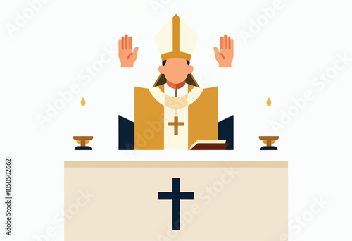 A stylized illustration depicts a clergyman in ceremonial robes, holding hands up