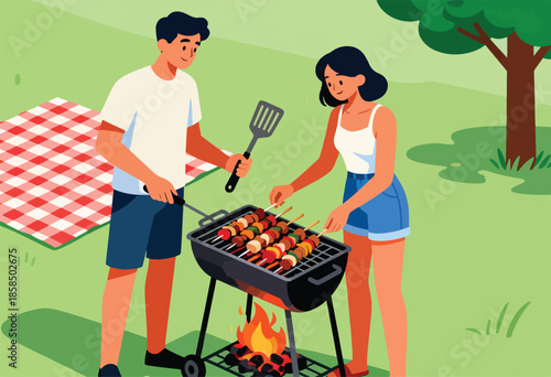 Couple grilling kebabs on a picnic blanket at a park with a tree