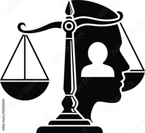 Justice scale silhouette integrated with human profile and person icon representing legal rights, ethics, law, and social equality. Vector illustration