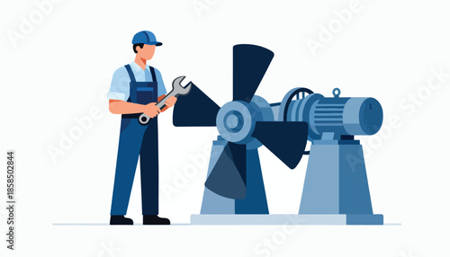 A mechanic in overalls and a cap holds a wrench, examining a large industrial fan
