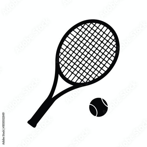 Black and White Tennis Racket and Ball Icon