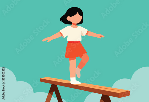 Flat illustration of a child balancing on a wooden beam with arms outstretched