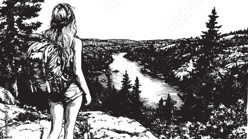 Hiker woman with a backpack gazes at a scenic landscape. Black and white vector illustration showcasing nature, trees, and a river set in a wild environment.