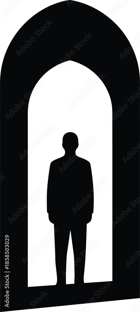 Obraz premium Silhouette of man standing in arched doorway entrance representing mystery transition and opportunity for business concepts. Vector illustration