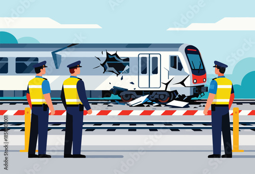 Officials survey a damaged train after an incident at a railway crossing