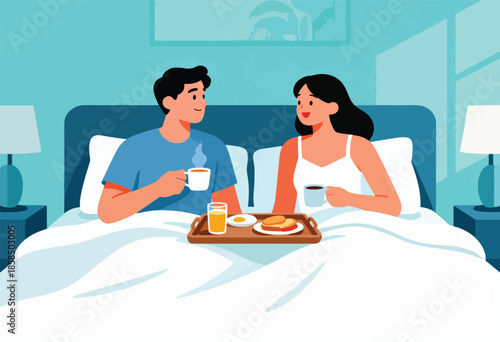 Couple enjoys breakfast in bed with coffee and orange juice