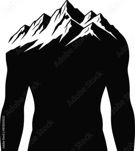 Conceptual silhouette of a muscular human torso with snow capped mountain peaks replacing the head and shoulders area. Vector illustration