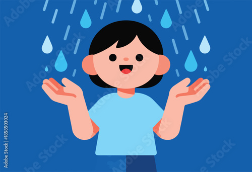 Joyful child with outstretched hands catching raindrops