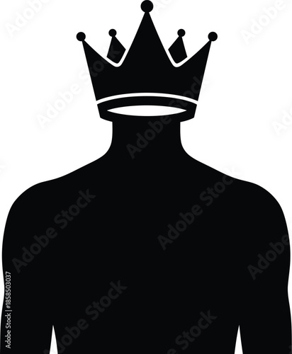 Minimalist black silhouette of a male torso wearing a royal crown on white background for king or leader concept. Vector illustration