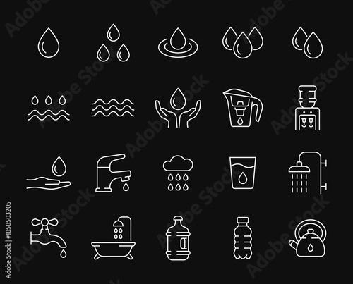 Water line white icon set. Vector collection with drop, cup, bottle, cooler, bath, cloud with rain, water tap. Editable stroke.