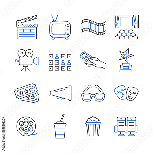 Cinema line color icon set. Collection icons of glasses, movie camera, ticket, cinema hall, award. Vector symbol of entertainment and performance.