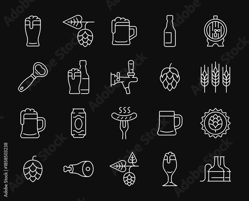 Beer line white icon set. Vector collection symbol with mug of beer, hop cone, barley ear,  sausage, barrel, knuckle, opener, bottle. Editable stroke.