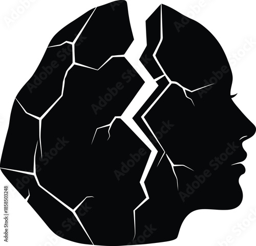 Shattered human head silhouette representing mental health breakdown depression stress and psychological trauma with cracked stone texture effect. Vector illustration