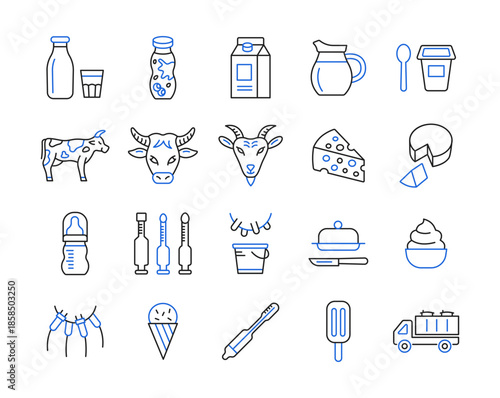 Milk products flat line icon set with yogurt, cheese, ice cream, cow, goat, milk carrier. Color vector illustration.