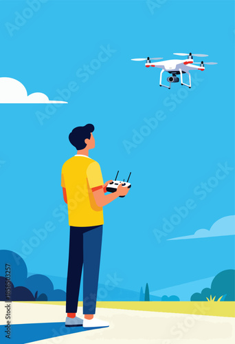 Man with drone remote controls aircraft flying in bright blue sky