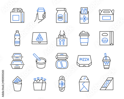 Take away food and drink line icon set. Fast food package. Delivery service vector color collection with bottle, coffee cup, bag, pizza, packet, container.