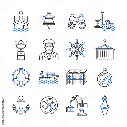 Sea port line icon set. Shipping industrycolor collection with ship, captain, container, bell, anchor, crane, reach stacker, compass. Vector illustration.