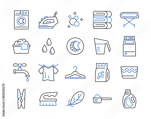 Laundry line icon set. Color collection sign with washing machine, iron, clothes, water drops, brush and bubbles. Vector illustration.