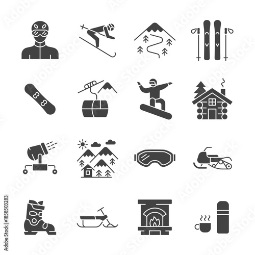 Ski resort glyph icons vector set. Outdoor recreation, extreme sport, and mountain vacation concept with skier, snowboarder, ski lift, skis, snowmobile, snow cannon, snowboard.