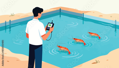 Person measures water quality in pond with three shrimp