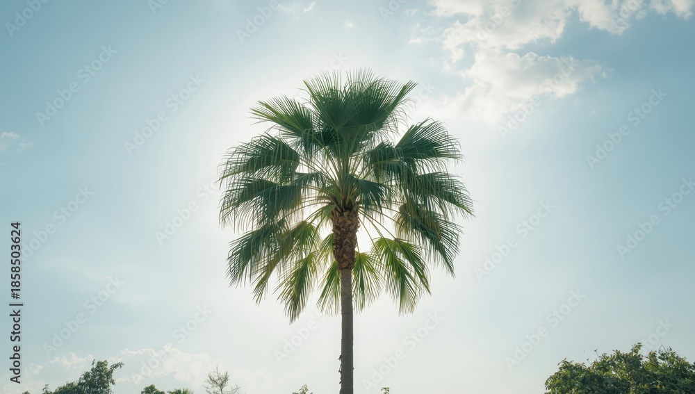 Fototapeta premium Betel palm and sky seen from below in a summer forest scene, highlighting tree and leaf textures for ecological preservation