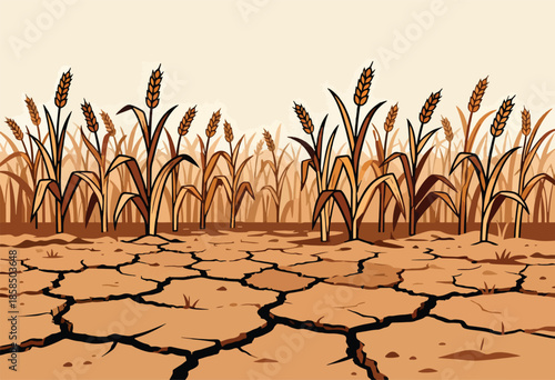 Dry, cracked earth stretches before a field of withered wheat stalks under a pale sky