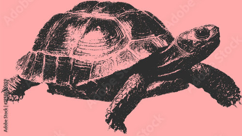 Turtle in black line art on pink background. Simple and flat vector illustration reflecting wildlife and nature set.