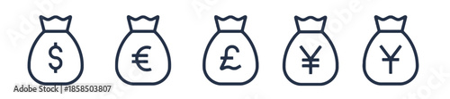 Currency Bag Icon Set Showing Dollar Euro Pound Yen Foreign Exchange Sign Symbol for Financial Investment and Global Economy Concept