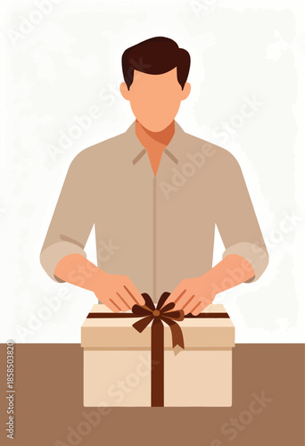 Man's hands carefully tying a ribbon on a gift box