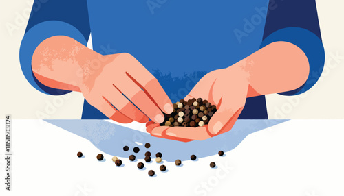 Hands hold peppercorns, some spill onto a surface
