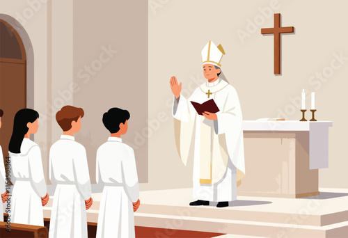 Religious ceremony in a sanctuary with a clergyman blessing attendees