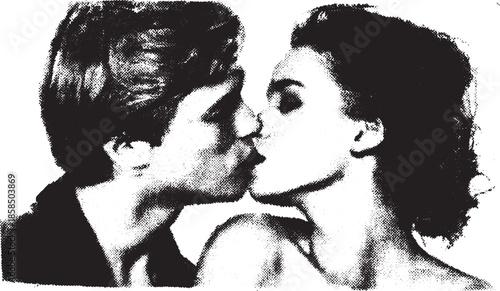 Kiss between couple showing love and intimacy. Black and white vector illustration capturing a sweet moment of connection and affection.