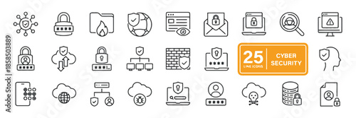 Cyber security and data protection icons in outline style