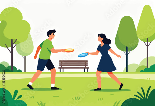Couple playing frisbee in a park on a sunny day