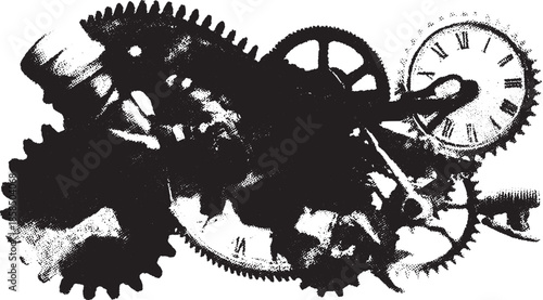 Vintage gear and clock mechanism vector illustration. Black and white design featuring industrial elements in a simple and clear set.