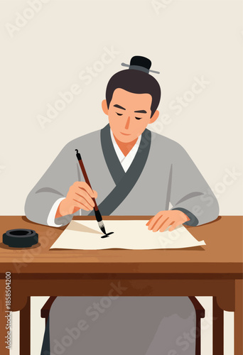 Man in traditional robes practices calligraphy with a brush and ink