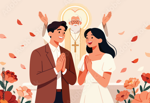 Couple prays before clergyman surrounded by falling petals and flowers