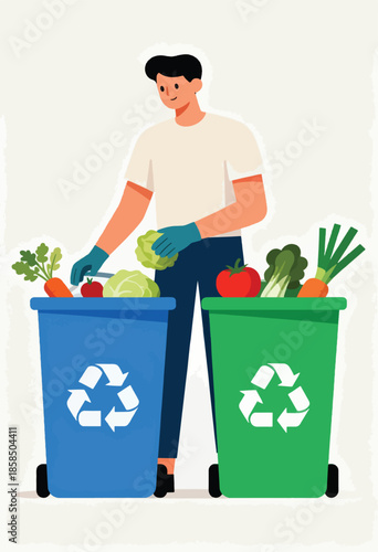 Person wearing gloves sorts vegetables into blue and green recycling bins