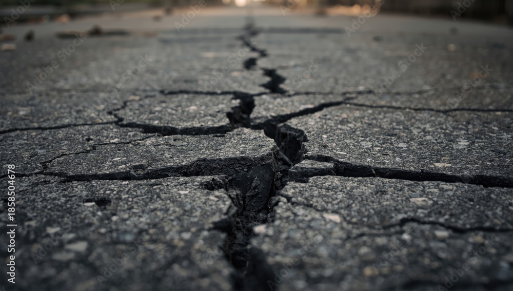 Obraz premium Damaged sidewalk with deep cracks and a large hole, highlighting urban infrastructure wear and tear