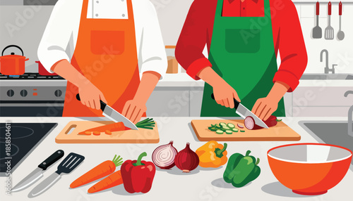 Two individuals are actively chopping vegetables in a well-lit kitchen