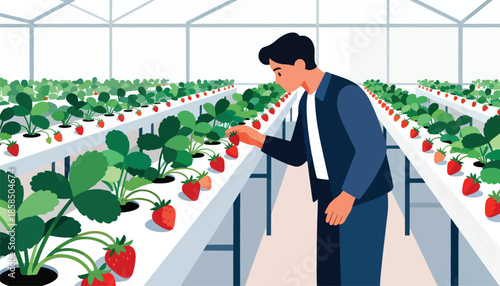 Man inspecting rows of ripe strawberries growing in a hydroponic greenhouse