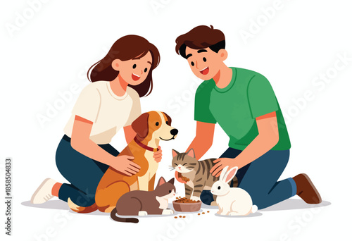 A happy couple kneels, petting and feeding a variety of pets dog, cats, and a rabbit