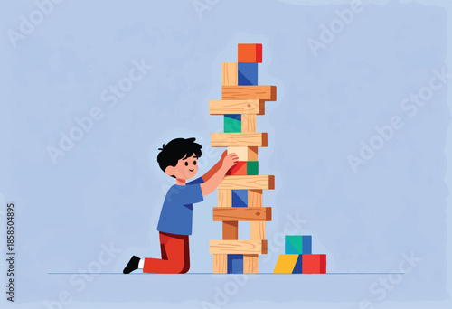 Child carefully stacks colorful wooden blocks, building a tall tower