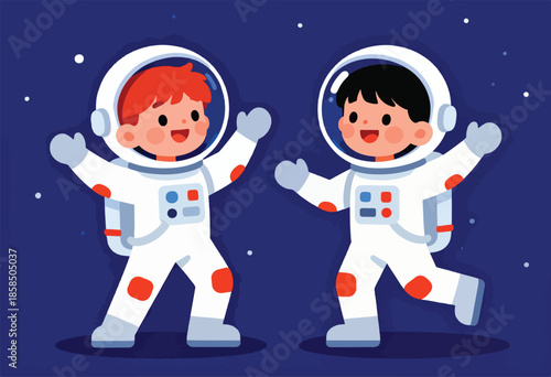 Two happy cartoon children in astronaut suits waving in space