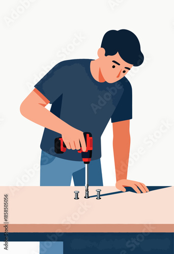 Person using a cordless drill to fasten screws into a wooden surface