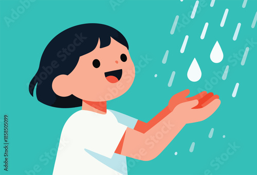 Cheerful child with outstretched hands catching falling water drops