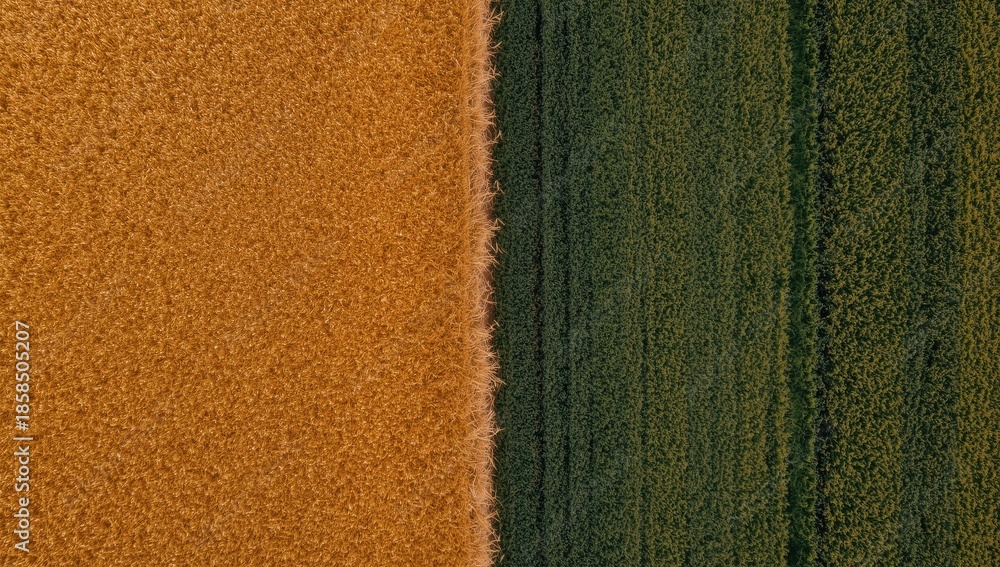 Fototapeta premium Drone perspective showing yellow wheat fields adjacent to lush green farmland, highlighting agricultural land division