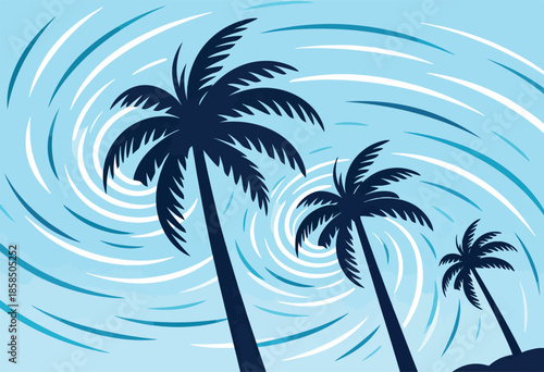 Silhouettes of palm trees against a stylized stormy sky